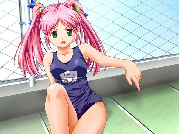 Anime picture 1024x768 with raspberry murakami kanade nekonyan long hair light erotic twintails green eyes pink hair game cg girl swimsuit one-piece swimsuit school swimsuit