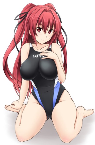 Anime picture 800x1219 with shinmai maou no testament production ims naruse mio fuuma nagi single long hair tall image looking at viewer blush fringe breasts light erotic simple background red eyes large breasts white background sitting twintails bare shoulders red hair