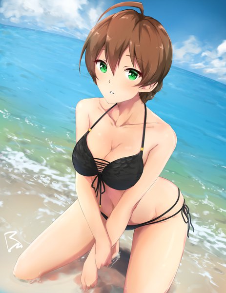 Anime picture 2508x3252 with idolmaster idolmaster million live! idolmaster million live! theater days sakuramori kaori raidensan single tall image looking at viewer fringe highres short hair breasts light erotic hair between eyes brown hair green eyes signed cloud (clouds) ahoge kneeling