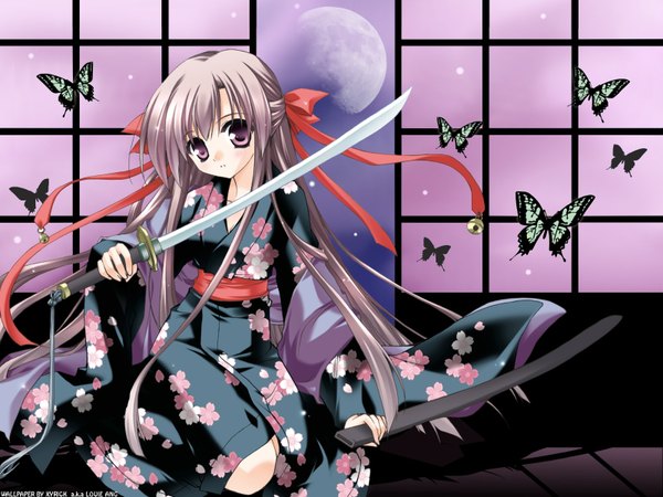 Anime picture 1600x1200 with minase lin brown hair purple eyes girl sword katana insect butterfly moon