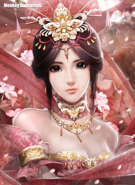 Anime picture 1008x1380 with monkey (weibo) single tall image short hair brown hair bare shoulders brown eyes signed realistic girl hair ornament flower (flowers) earrings petals choker jewelry