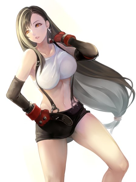 Anime picture 960x1284 with final fantasy final fantasy vii square enix tifa lockhart settyaro single tall image breasts light erotic simple background brown hair large breasts white background brown eyes looking away very long hair bare belly midriff hand on hip girl