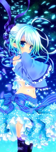 Anime picture 529x1422 with original konno kengo single long hair tall image blush blue eyes blue hair ahoge midriff loli girl thighhighs skirt navel ribbon (ribbons) bow hair ribbon