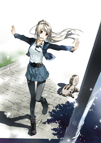 Anime picture 744x1052 with original justminor single long hair tall image open mouth blonde hair brown eyes looking away ponytail wind open clothes open jacket shadow spread arms walking girl animal pantyhose shoes