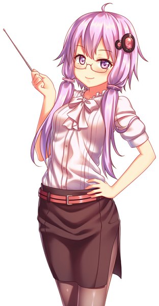 Anime picture 614x1180 with vocaloid yuzuki yukari nazu-na single long hair tall image looking at viewer blush smile white background purple eyes twintails purple hair low twintails side slit girl skirt hair ornament shirt pantyhose