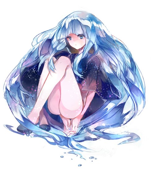 Anime picture 810x1000 with original vima single tall image fringe blue eyes light erotic simple background white background blue hair very long hair legs weightlessness girl bubble (bubbles)