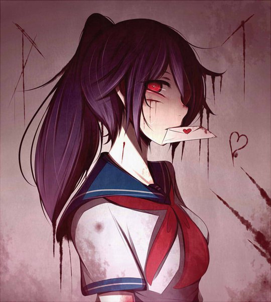 Anime picture 850x944 with yandere simulator yandere-chan likesac single long hair tall image looking at viewer fringe simple background red eyes standing holding purple hair upper body ponytail hair over one eye mouth hold blood on face white skin injury