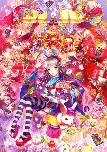 Anime picture 3247x4598 with original eshi 100-nin ten yuu (derodero) long hair tall image looking at viewer highres brown hair purple eyes multiple girls absurdres silver hair traditional clothes japanese clothes girl thighhighs hair ornament flower (flowers) 2 girls animal