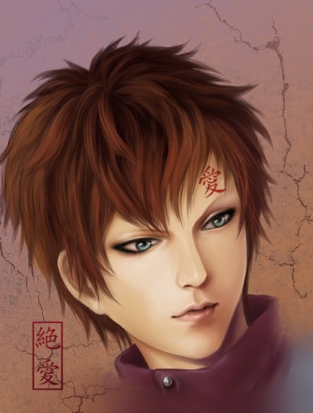 Anime picture 831x1094 with naruto studio pierrot naruto (series) gaara zetsuai89 single tall image short hair blue eyes brown hair lips realistic hieroglyph portrait face jinchuriki boy