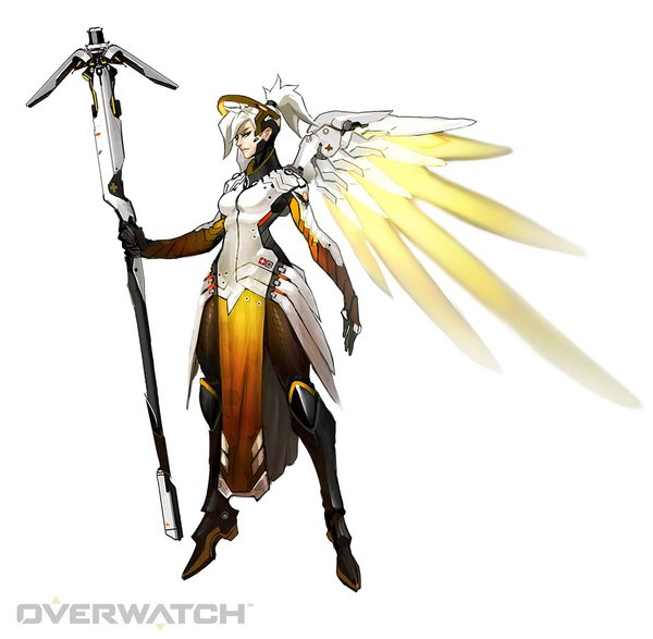 Anime picture 1124x1100 with overwatch blizzard entertainment mercy (overwatch) angela ziegler (overwatch) tagme (artist) single short hair simple background white background white hair ponytail black eyes mechanical wings girl wings staff mechanical halo