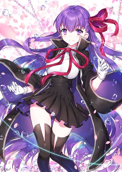 Anime picture 583x820 with fate (series) fate/extra fate/extra ccc bb (fate) (all) bb (fate/extra) natsu (759aqsw) single tall image looking at viewer fringe light erotic smile hair between eyes purple eyes purple hair very long hair pantyshot girl gloves underwear