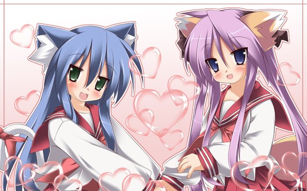 Anime picture 1379x860 with lucky star kyoto animation izumi konata hiiragi kagami wide image animal ears tail girl serafuku