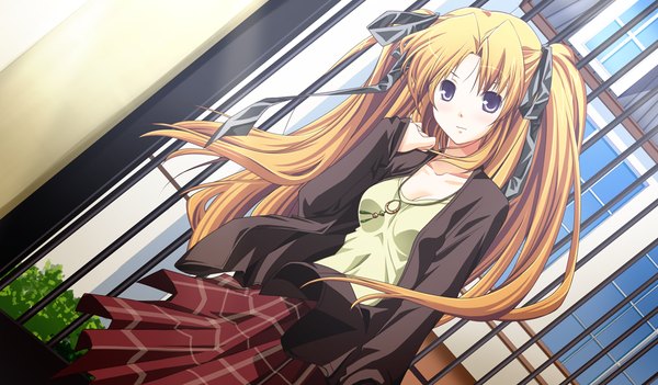 Anime picture 1024x600 with akikaze personal (game) long hair blonde hair wide image purple eyes twintails game cg girl ribbon (ribbons) hair ribbon