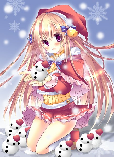 Anime picture 800x1100 with original hikanyan single long hair tall image looking at viewer blush fringe open mouth blonde hair hair between eyes purple eyes fur trim snowing winter snow girl dress fur bell