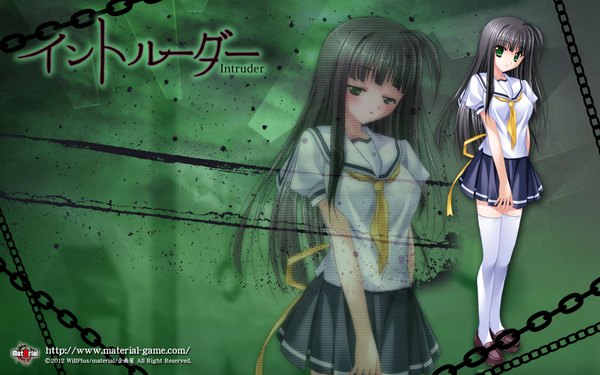 Anime picture 1920x1200 with intruder misaki shizuyo yamamoto kazue long hair highres black hair wide image green eyes zoom layer girl thighhighs skirt miniskirt shirt white thighhighs serafuku