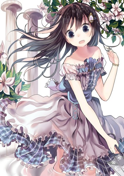 Anime picture 744x1052 with original iijima masashi single long hair tall image looking at viewer fringe open mouth blue eyes black hair bare shoulders holding teeth fang (fangs) adjusting hair girl dress flower (flowers) bracelet pillar