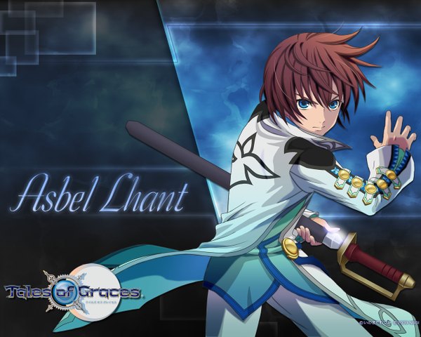Anime picture 1280x1024 with tales of graces asbel lhant short hair blue eyes brown hair inscription boy weapon sword