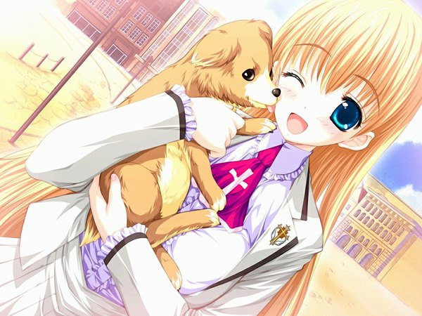 Anime picture 1024x768 with blaze angel eleanor (game) long hair open mouth blue eyes blonde hair game cg girl uniform school uniform dog