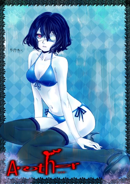 Anime picture 1000x1408 with another p.a. works misaki mei nobusaga41 single tall image short hair black hair red eyes blue background girl thighhighs navel black thighhighs swimsuit bikini eyepatch
