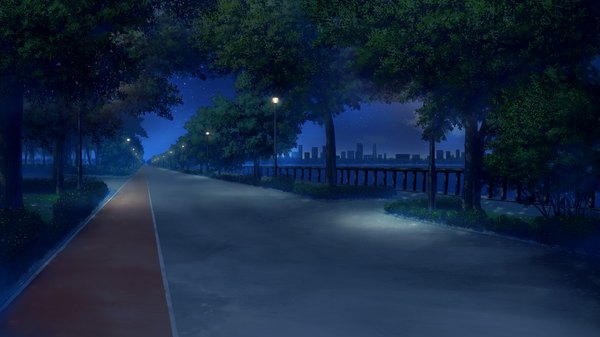 Anime picture 2048x1152 with wan nyan a la mode! highres wide image game cg night no people landscape plant (plants) tree (trees) road