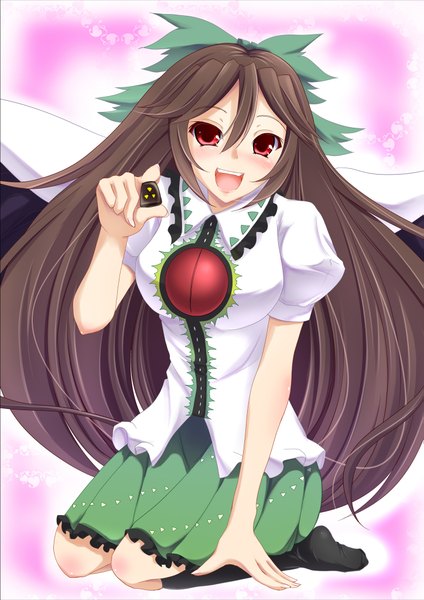 Anime picture 1447x2047 with touhou reiuji utsuho negamaro long hair tall image blush open mouth red eyes brown hair sitting girl bow hair bow wings