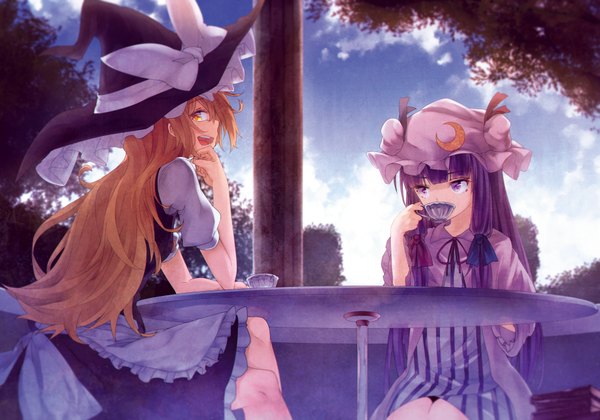 Anime picture 1004x704 with touhou kirisame marisa patchouli knowledge ibuki notsu long hair looking at viewer fringe open mouth blonde hair sitting purple eyes twintails multiple girls yellow eyes looking away sky purple hair cloud (clouds) outdoors long sleeves