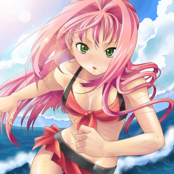 Anime picture 800x800 with macross macross 7 mylene jenius kutsuno single long hair blush breasts open mouth green eyes pink hair sky cloud (clouds) leaning leaning forward running girl swimsuit lingerie bra