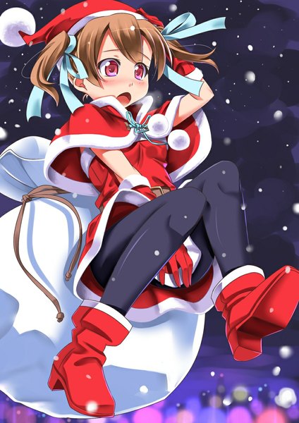 Anime picture 827x1169 with sword art online a-1 pictures silica miri (ago550421) single tall image blush fringe short hair open mouth hair between eyes brown hair twintails bent knee (knees) pink eyes from below short twintails snowing christmas winter