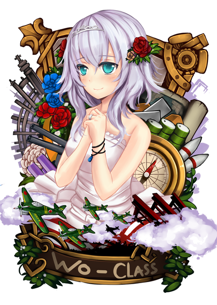 Anime picture 1000x1400 with kantai collection wo-class aircraft carrier sekigan single long hair tall image looking at viewer blush blue eyes white background bare shoulders white hair hair flower shinkaisei-kan girl dress hair ornament flower (flowers)