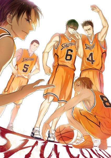 Anime picture 1400x1980 with kuroko no basket production i.g midorima shintarou takao kazunari miyaji kiyoshi kimura shinsuke ootsubo taisuke 321wei tall image looking at viewer fringe short hair blonde hair brown hair standing holding green hair light smile multiple boys armpit (armpits)