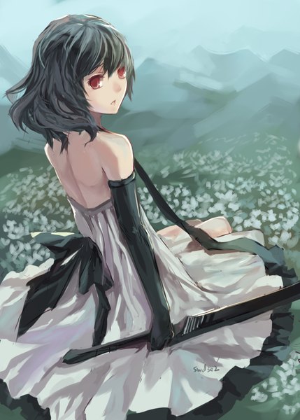 Anime picture 1181x1653 with original paradise (character) swd3e2 single long hair tall image looking at viewer fringe black hair red eyes sitting looking back mountain field girl dress gloves flower (flowers) weapon sword