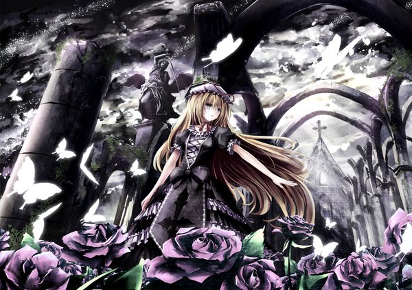 Anime picture 2006x1416 with touhou yakumo yukari missle228 single highres blonde hair short sleeves puffy sleeves outstretched arm ruins traditional media field watercolor (medium) girl dress flower (flowers) ribbon (ribbons) hat rose (roses) insect