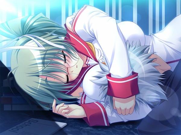 Anime picture 1024x768 with a.g.ii.d.c. hoshikawa iria blush light erotic game cg ponytail eyes closed green hair grey hair girl boy glasses serafuku