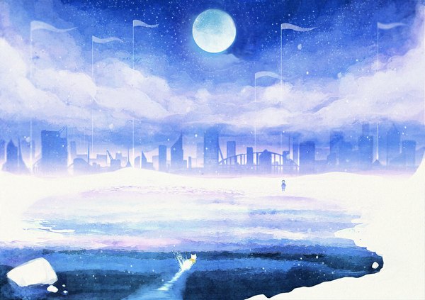Anime picture 1000x705 with marutomoi sky cloud (clouds) snowing winter snow cityscape lake swimming animal water scarf moon cat full moon child (children) flag winter clothes