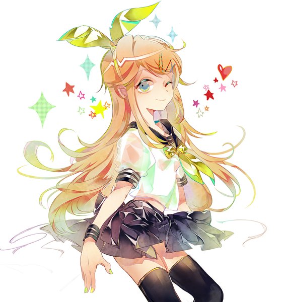 Anime picture 1100x1178 with vocaloid kagamine rin vima single long hair tall image looking at viewer blue eyes simple background blonde hair smile white background nail polish one eye closed wink future style (module) girl thighhighs hair ornament bow