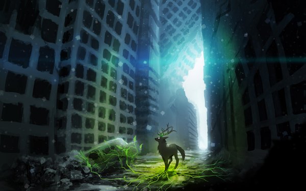 Anime picture 1920x1200 with romantically apocalyptic alexiuss luna133 highres wide image horn (horns) glowing light snowing glowing eye (eyes) no people glow ruins animal building (buildings)