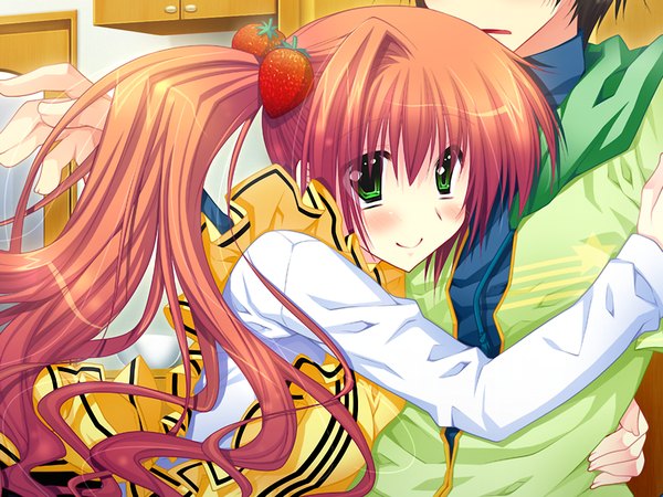 Anime picture 1024x768 with narikiri bakappuru! long hair green eyes game cg ponytail red hair girl