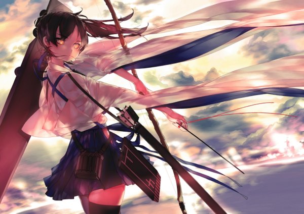 Anime picture 2480x1754 with kantai collection kaga aircraft carrier leung ka che single long hair looking at viewer fringe highres black hair standing holding yellow eyes sky cloud (clouds) ponytail long sleeves traditional clothes japanese clothes pleated skirt wind