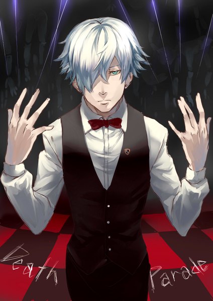 Anime picture 2480x3507 with death parade madhouse decim (death parade) kurenai907 single tall image looking at viewer fringe highres short hair silver hair aqua eyes from above hair over one eye copyright name symbol-shaped pupils checkered floor floor sketch boy