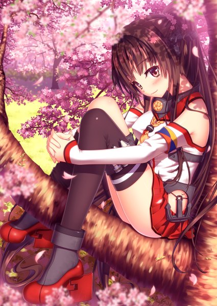 Anime picture 860x1214 with kantai collection yamato super battleship nazu-na single tall image looking at viewer blush brown hair sitting brown eyes ponytail very long hair light smile cherry blossoms tree sitting girl thighhighs skirt hair ornament black thighhighs