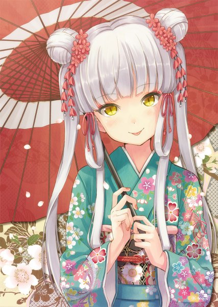 Anime picture 855x1200 with original hyuuga azuri single long hair tall image looking at viewer blush yellow eyes silver hair traditional clothes japanese clothes hair flower :p sayagata girl hair ornament flower (flowers) kimono tongue obi