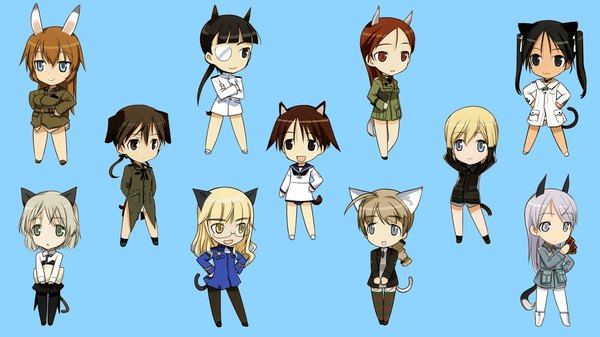 Anime picture 1920x1080 with strike witches miyafuji yoshika sanya v. litvyak erica hartmann eila ilmatar juutilainen francesca lucchini gertrud barkhorn lynette bishop charlotte e yeager sakamoto mio perrine h clostermann minna-dietlinde wilcke highres wide image blue background group chibi