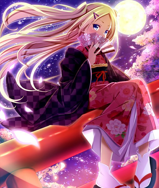 Anime picture 779x920 with hanayamata madhouse hana n. fontainestand sui. (ayase) single long hair tall image blush blue eyes blonde hair traditional clothes japanese clothes night night sky cherry blossoms girl hair ornament plant (plants) petals tree (trees)