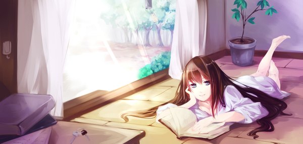 Anime picture 1500x714 with original pixiv pixiv girls collection 2012 kalalasan single long hair looking at viewer fringe blue eyes brown hair wide image lying barefoot light smile sunlight bare legs hand on chest on stomach girl plant (plants)