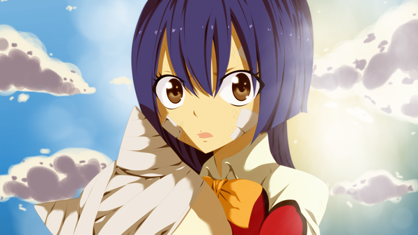 Anime picture 5600x3150 with fairy tail wendy marvell charle (fairy tail) cursedicedragon long hair highres open mouth wide image brown eyes blue hair absurdres sky cloud (clouds) sunlight loli coloring girl uniform school uniform animal