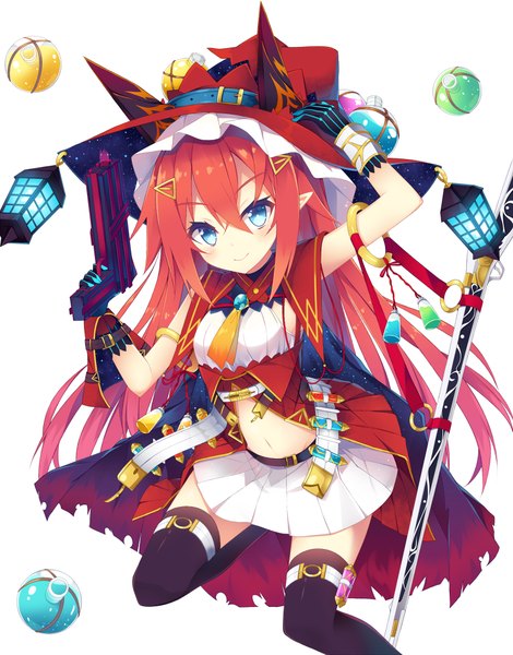 Anime picture 800x1020 with original nibiiro shizuka single long hair tall image looking at viewer blush blue eyes simple background smile red hair pointy ears girl thighhighs weapon black thighhighs hat gun cape witch hat