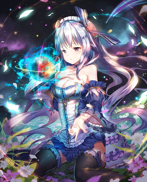 Anime picture 644x800 with original black 0 0p single long hair tall image blush light erotic red eyes sitting looking away cleavage silver hair parted lips night wide sleeves puffy sleeves night sky tears floating hair magic