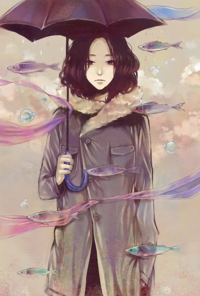 Anime picture 827x1223 with original clona single long hair tall image looking at viewer black hair standing sky outdoors long sleeves black eyes wavy hair rain expressionless surreal girl animal fur umbrella
