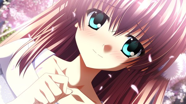 Anime picture 1280x720 with supipara narumi sakura nanao naru long hair looking at viewer blush blue eyes brown hair wide image game cg girl petals