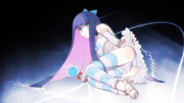 Anime picture 1920x1080 with panty & stocking with garterbelt anarchy stocking long hair highres light erotic wide image green eyes blue hair pink hair multicolored hair two-tone hair colored inner hair girl thighhighs dress underwear panties bow hair bow striped thighhighs
